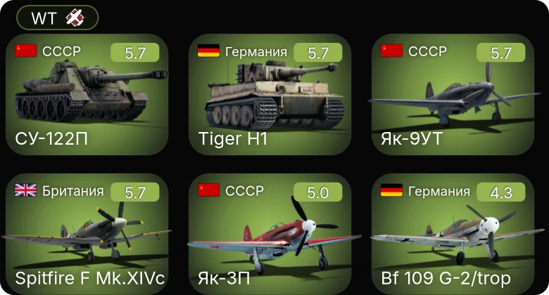 WT — Bf 109 G-2/trop | Fw 190 A-5/U12 | Як-3П | Як-9УТ | Spitfire F Mk.XIVc