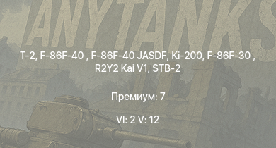 WT — 6 ранг: 2шт 5 ранг: 12шт T-2 | F-86F-40 JASDF | F-86F-40  | Ki-200 | F-86F-30  | STB-2 | Type 74 (C) | Type 87 | R2Y2 Kai V1 | UH-1B