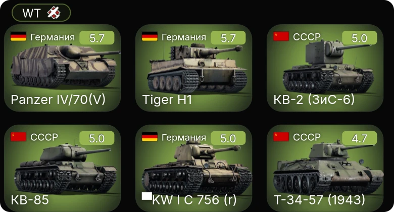 WT — Jagdpanzer 38(t) | ▀KW I C 756 (r) | Т-34-57 | КВ-1 (ЗиС-5) | КВ-2 (ЗиС-6)