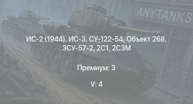 WT — 5 ранг: 4шт ИС-3 | ЗСУ-57-2 | Объект 268 | СУ-122-54 | ИС-2 (1944) | ИС-2 | 2С3М | M53/59 | БТР-ЗД | 2С1