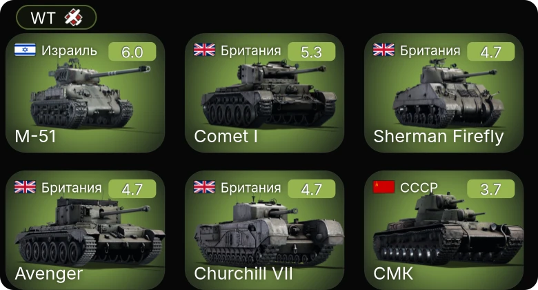 WT — M-51 | Comet I | Avenger | Sherman Firefly | Churchill VII