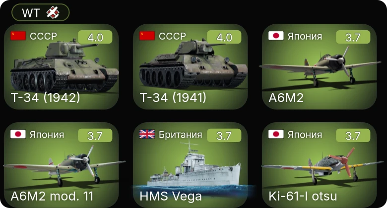 WT — Ki-44-II hei | Ki-61-I otsu | Т-34 (1942) | Т-34 (1940) | Т-34 (1941)