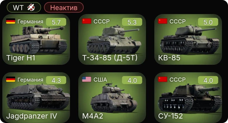 WT — Неактив | M24 | КВ-85 | Т-34-85 (Д-5Т) | СУ-152 | M4