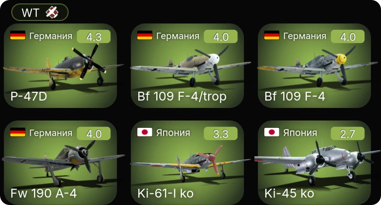 WT — Bf 109 F-4/trop | Fw 190 A-4 | P-47D | Bf 109 F-4 | ЛаГГ-3-23