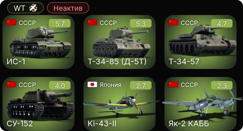 WT — Неактив | Т-34-57 | Т-34-85 (Д-5Т) | ИС-1 | СУ-152 | J1N1