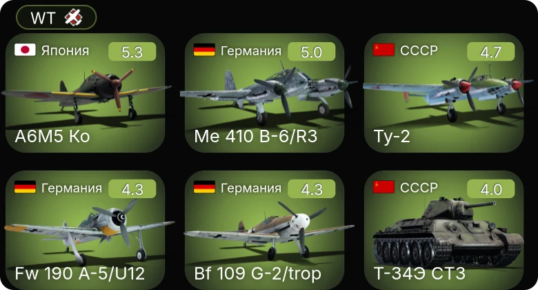 WT — Me 410 B-6/R3 | Fw 190 A-5/U12 | Bf 109 G-2/trop | A6M5 Ко | Bf 109 F-4/trop