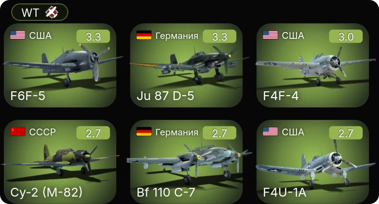 WT — F6F-5 | P-36G | F4F-4 | F4U-1A | Bf 110 C-7