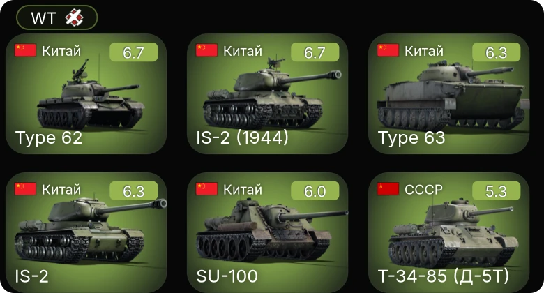WT — ␗IS-2 | ␗IS-2 (1944) | ␗SU-100 | Type 62 | Т-34-57