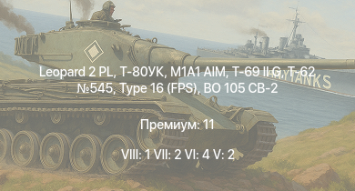 WT — 8 ранг: 1шт 7 ранг: 2шт 6 ранг: 4шт Leopard 2 PL | Т-80УК | M1A1 AIM | BO 105 CB-2 | Type 16 (FPS) | T-69 II G | Т-62 545 | M901 | Type 69-IIa | 