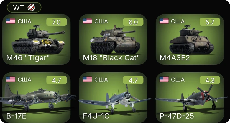 WT — M46 "Tiger" | F4U-1C | B-17E | M4A3E2 | M18 "Black Cat"