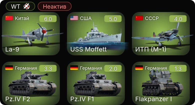 WT — Неактив | La-9 | USS Moffett | ИТП (М-1) | Fury Mk.I | Fury Mk.II