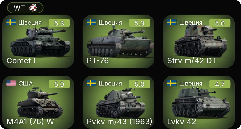 WT — M4A1 (76) W | M24 | Т-34-57 | PT-76 | Comet I