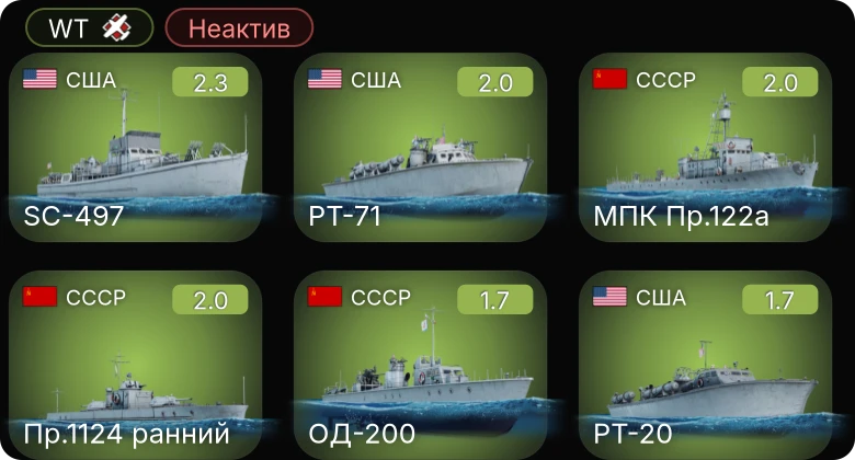 WT — Неактив | PT-71 | SC-497 | S-38b | МПК Пр.122а | Пр.1124 ранний