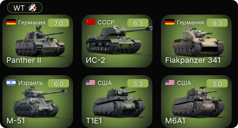 WT — ИС-2 | M-51 | M4A1 (76) W | T1E1 | M6A1
