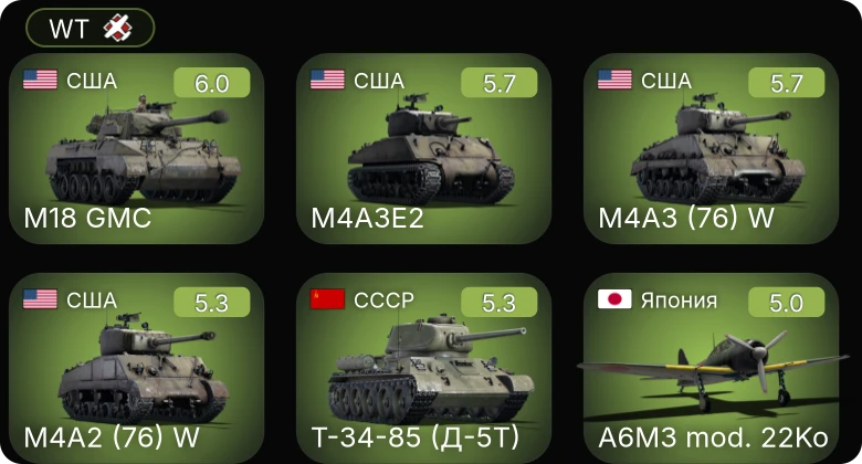 WT — Ki-61-I hei | M4A3E2 | M4A3 (76) W | M4A2 (76) W | M19A1