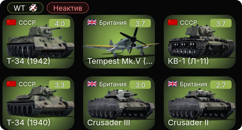 WT — Неактив | Т-34 (1942) | Т-34 (1940) | Crusader II | Crusader III | Tempest Mk.V (Vickers P)