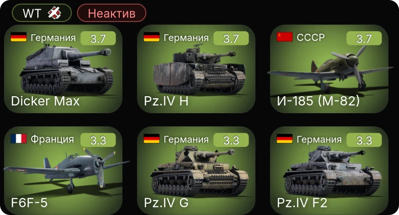 WT — Неактив | И-185 (М-82) | Ла-5 | Як-9 | Як-9Б | Пе-3бис