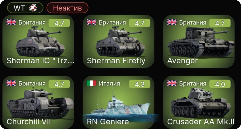 WT — Неактив | Crusader AA Mk.II | Churchill VII | Avenger | Sherman Firefly | Sherman IC "Trzyniec"