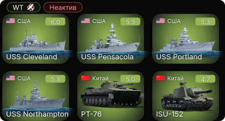 WT — Неактив | USS Cleveland | USS Portland | USS Northampton | USS Pensacola | ␗Т-34 (1943)