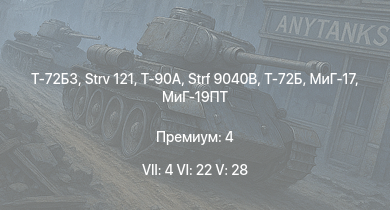 WT — 7 ранг: 4шт 6 ранг: 22шт 5 ранг: 28шт Т-72Б3 | Т-90А | Strv 121 | Т-72Б | Strf 9040B | Су-7Б | МиГ-19ПТ | Су-7БКЛ | МиГ-21Ф-13 | БМД-4M