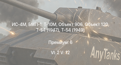 WT — 6 ранг: 2шт 5 ранг: 12шт Т-55А | Т-10М | БМП-1 | Объект 120 | Т-54 (1949) | Т-54 (1951) | Объект 906 | Ми-4АВ | Т-54 (1947) | ЗСУ-37-2