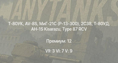 WT — 7 ранг: 3шт 6 ранг: 7шт 5 ранг: 9шт Т-80УК | 2С38 | Т-80УД | AH-1S Kisarazu | AV-8S | МиГ-21С (Р-13-300) | Type 16 (P) | Type 87 RCV | Type 89 | Ми-24А