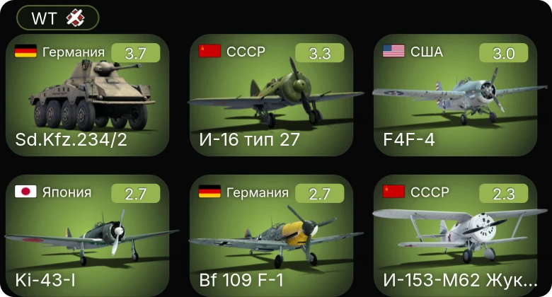 WT — F4F-4 | Sd.Kfz.234/2 | Bf 109 F-1 | И-16 тип 27 | B-18A
