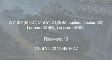 WT — 8 ранг: 9шт 7 ранг: 22шт 6 ранг: 48шт Т-80БВМ | Leclerc | Leopard 2A5NL | Leclerc S2 | Leopard 2A6NL | ZTZ99A | WZ1001(E) LCT | VT4A1 | Т-80У | Т-72Б3