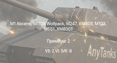 WT — 7 ранг: 2шт 6 ранг: 5шт 5 ранг: 8шт M1 Abrams | M1128 Wolfpack | XM803 | M247 | UH-1B | M551 | XM246 | T95E1 | AH-1G | XM800T