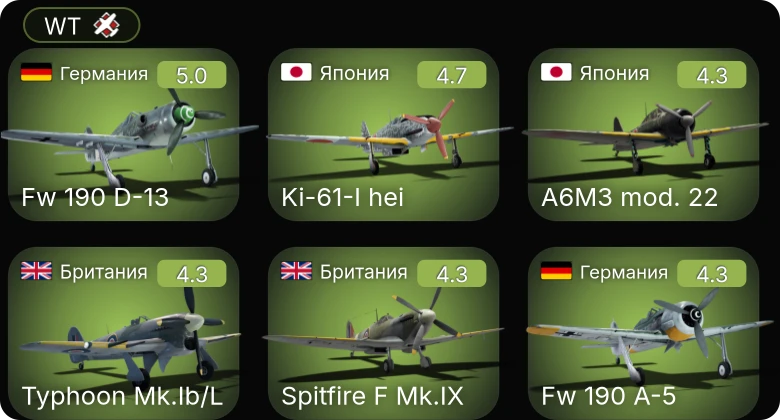 WT — Fw 190 A-5 | Fw 190 D-13 | Ki-61-I hei | Typhoon Mk.Ib/L | Spitfire F Mk.IX