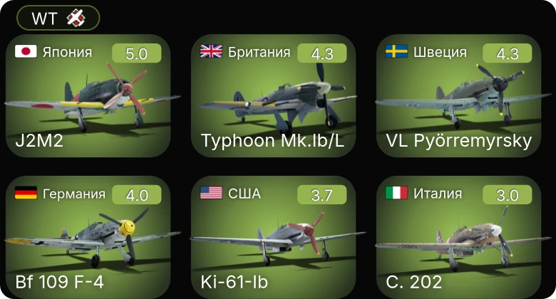 WT — Bf 109 F-4 | Typhoon Mk.Ib/L | J2M2 | VL Pyörremyrsky | P-400