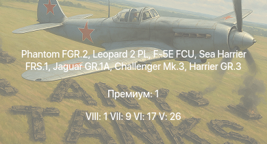 WT — 8 ранг: 1шт 7 ранг: 9шт 6 ранг: 17шт Phantom FGR.2 | Leopard 2 PL | F-5E FCU | Sea Harrier FRS.1 | Challenger Mk.3 | Jaguar GR.1A | Challenger Mk.2 | Osa-AK | TTD | Stormer AD