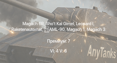 WT — 6 ранг: 4шт 5 ранг: 8шт Magach 6R | Shot Kal Gimel | Giraf | Raketenautomat |  | Tiran 4 | Magach 3 | Shot Kal Alef | Magach 6A | ZSU-23-4V