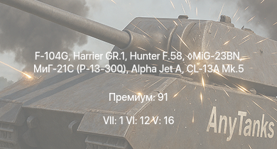 WT — 7 ранг: 1шт 6 ранг: 12шт 5 ранг: 16шт F-104G | Hunter F.58 | Harrier GR.1 | MiG-23BN | МиГ-21С (Р-13-300) | MiG-19S | CL-13B Mk.6 | F-86K | G.91 R/4 | CL-13A Mk.5