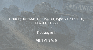 WT — 7 ранг: 1шт 6 ранг: 3шт 5 ранг: 5шт T-80UD/DU1 | PGZ09 | ZTZ59D1 | WZ305 | Type 59 | Type 69 | M41D |  | ZTS63 | IS-2 (1944)
