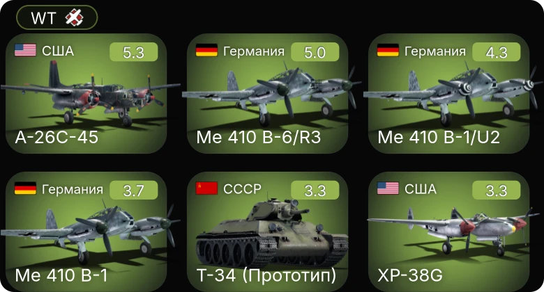 WT — A-26C-45 | Me 410 B-6/R3 | Me 410 B-1/U2 | Me 410 B-1 | XP-38G