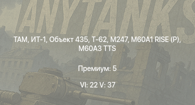 WT — 6 ранг: 22шт 5 ранг: 37шт MBT-70 | TAM | XM803 | M60A3 TTS | M247 | Imp.Chaparral | Т-62 | Объект 435 | ИТ-1 | M60A1 RISE (P)