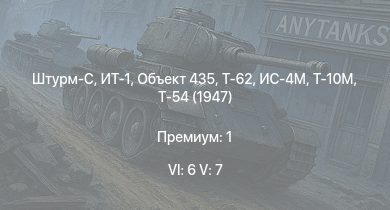 WT — 6 ранг: 6шт 5 ранг: 7шт ИТ-1 | Т-62 | Объект 435 | Штурм-С | Т-55А | Т-10М | Ми-4АВ | Т-54 (1947) | ИС-4М | ИС-3