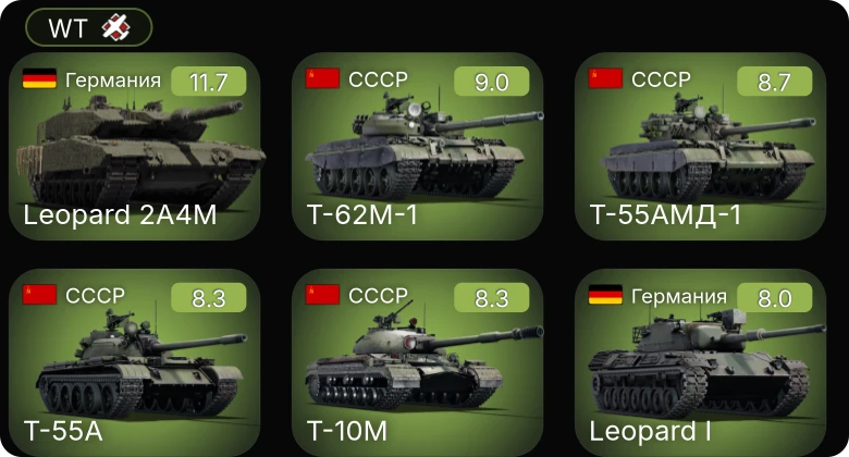 WT — 7 ранг: 1шт 6 ранг: 4шт 5 ранг: 5шт