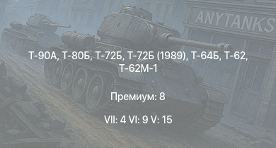 WT — 7 ранг: 4шт 6 ранг: 9шт 5 ранг: 15шт Т-90А | Т-80Б | Т-72Б | Т-72Б (1989) | Т-64Б | Т-64А (1971) | Т-72А | Т-62М-1 | Т-62 | Т-10М