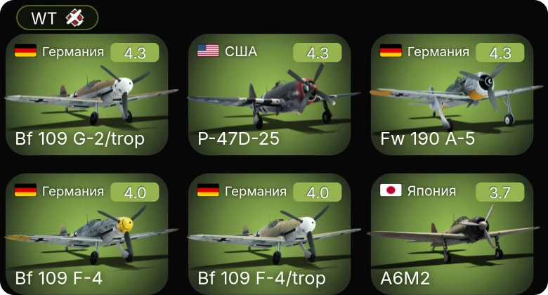 WT — Bf 109 G-2/trop | Fw 190 A-5 | P-47D-25 | Bf 109 F-4 | Bf 109 F-4/trop