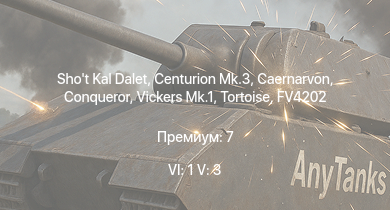 WT — 6 ранг: 1шт 5 ранг: 3шт Shot Kal Dalet | Vickers Mk.1 | Caernarvon | Centurion Mk.3 | Conqueror | FV4202 | Tortoise | Charioteer Mk.VII | Centurion Mk.1 | 