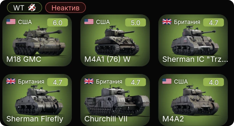 WT — Неактив | M18 GMC | M4A1 (76) W | Sherman Firefly | Sherman IC "Trzyniec" | Churchill VII