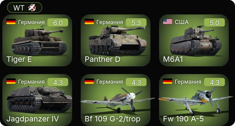 WT — Fw 190 A-5 | Bf 109 G-2/trop | M24 | M6A1 | M4A2