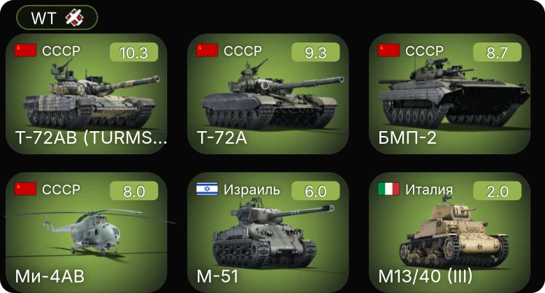 WT — 7 ранг: 1шт 6 ранг: 2шт 5 ранг: 1шт Т-72АВ (TURMS-T)