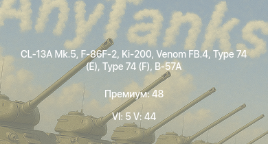 WT — 6 ранг: 5шт 5 ранг: 44шт Type 74 (E) | Type 74 (F) | Venom FB.4 | CL-13A Mk.5 | Ki-200 | F-86F-2 | Canberra B.Mk.2 | MiG-15bis | F-86F-30  | STB-2
