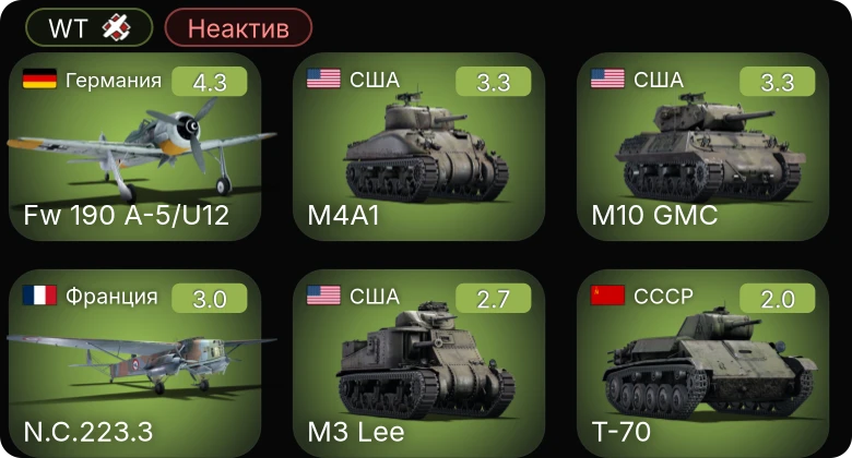 WT — Неактив | Fw 190 A-5/U12 | M10 GMC | M3 Lee | M4A1 | Type T-38