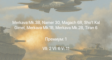 WT — 7 ранг: 2шт 6 ранг: 6шт 5 ранг: 11шт Merkava Mk.3B | Namer 30 | Merkava Mk.1B | Merkava Mk.2B | Shot Kal Gimel | Magach 6R | Tiran 6 | Giraf | Ikv 91 | Т-54
