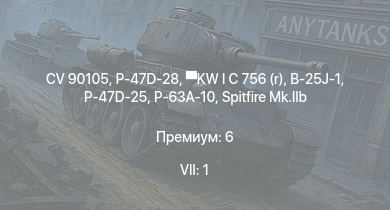 WT — 7 ранг: 1шт CV 90105 | KW I C 756 (r) | P-47D-28 | T 34 747 (r) | P-47D-25 | Pz.Kpfw. Churchill | B-25J-1 | P-63A-10 | Spitfire Mk.IIb | Spitfire Mk.Vb/trop