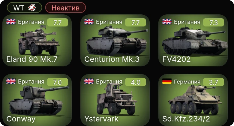 WT — Неактив | Centurion Mk.3 | Eland 90 Mk.7 | FV4202 | Conway | Ystervark
